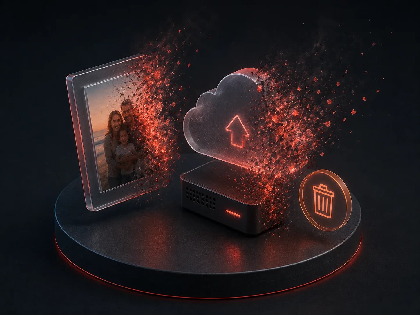 Cloud drive and family photo frame dissolving into digital particles